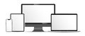Realistic mockups of Apple devices on an isolated background. Vector set of phone, tablet, laptop and computer. Empty screen mock-