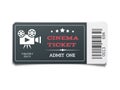 Realistic modern black movie ticket isolated on white background.