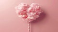 A realistic modern illustration of cotton candy on a striped stick in pink with a heart shaped sweet sugar dessert for