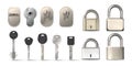 Realistic modern keys, metal padlocks and door keyholes. Open and closed safe steel pad lock. 3d keys for car and house Royalty Free Stock Photo