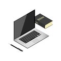 Realistic modern laptop on white background. Bible, holy Book and pen on desktop, worktable. Electronics industry