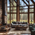 Realistic Modern Luxury High Ceiling Cabin Living Room Interior Wooden Floor With Big Windows Mountain Forest Scene Generative Ai Royalty Free Stock Photo