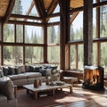 Realistic Modern Luxury High Ceiling Cabin Living Room Interior Wooden Floor With Big Windows Mountain Forest Scene Generative Ai Royalty Free Stock Photo