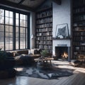 Realistic Modern Luxury High Ceiling Cabin Living Room Interior Wooden Floor With Big Windows Natural Sun Light Wall Library, Royalty Free Stock Photo