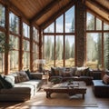 Realistic Modern Luxury High Ceiling Cabin Living Room Interior Wooden Floor With Big Windows Stone Fireplace Mountain Forest Royalty Free Stock Photo