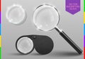 Realistic modern magnifying glass set. Vector Magnifier lens tool. Plastic Handle and Metallic Rim Isolated On transparent Royalty Free Stock Photo