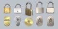 Realistic modern metal and golden safe locks and door keyholes. 3d code padlock with number combination. Secure key hole Royalty Free Stock Photo