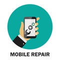 Realistic modern mobile phone on green background. Repairing of mobile phone. Cogwheel gear mechanism. Hand holding smart phone. V