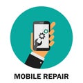 Realistic modern mobile phone on green background. Repairing of mobile phone. Cogwheel gear mechanism. Hand holding smart phone. V