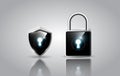 Realistic modern padlock and shield, security network protection concept, vector illustration