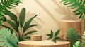 Realistic modern product display platform with wood texture and green leaves in beige studio room interior. Natural