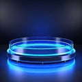 Realistic modern style with a clear glass circle and a square inside, illuminated with blue neon lines.