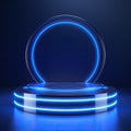 Realistic modern style with a clear glass circle and a square inside, illuminated with blue neon lines.