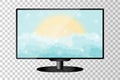 Realistic modern TV monitor isolated. Cartoon blue shining cloudy sky with sun