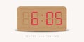 Realistic modern wooden digital clock, mockup frontal view, vector illustration