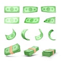Realistic money set. Collection of 3D green dollars isolated on white background. Twisted paper bills and stack of currency Royalty Free Stock Photo