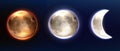 Realistic moon, lunar full and waning phases.