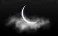 Realistic moon month with clouds isolated on a transparent background. Dark night. Muslim holiday Ramadan Kareem. Glowing milk moo