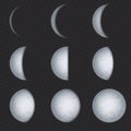 Realistic moon phases. Lunar phase, full luna and new crescent with night sky. Earth satellite surface with texture