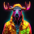 Realistic moose in fluorescent ultra-bright neon outfits