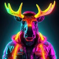 Realistic moose in fluorescent ultra-bright neon outfits