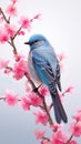 realistic mountain blue bird very fluffy on very light pink flowered sakura tree Royalty Free Stock Photo