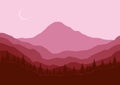 mountain flat landscape vector illustration. Vector horizontal landscape with fog, forest, mountains and morning sunlight. Royalty Free Stock Photo