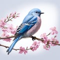 Realistic mountain pink,bluebird very fluffy on very light pink flowered sakura tree Royalty Free Stock Photo