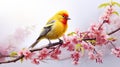 Realistic mountain red,yellow bird very fluffy on very light pink flowered sakura tree