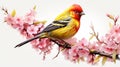 Realistic mountain red,yellow bird very fluffy on very light pink flowered sakura tree