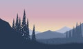 Realistic mountain view at dusk at the edge of the forest with the silhouettes of pine trees all around Royalty Free Stock Photo