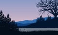 Realistic mountain view at sunset from the village with trees around