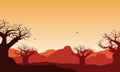 Realistic Mountain views with silhouettes of dry trees at sunset from the suburbs. Vector illustration Royalty Free Stock Photo