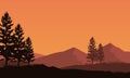 Realistic Mountain views with silhouettes of surrounding pine trees at sunset. Vector illustration Royalty Free Stock Photo