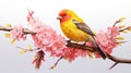 Realistic mountain yellow bird very fluffy on very light pink flowered sakura tree