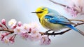 Realistic mountain yellow,blue bird very fluffy on very light pink flowered sakura tree