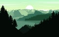 Realistic mountains landscape. fog hills with sun with cloud in sky and mountains silhouettes. Vector forest hiking background