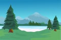 Realistic mountains landscape. Morning wood panorama, pine trees and mountains silhouettes