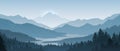 Realistic mountains landscape. Morning wood panorama, pine trees and mountains silhouettes. Vector forest background Royalty Free Stock Photo