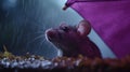 Realistic Mouse Under Purple Umbrella In Rain - 4k Felt Stop-motion Rat In Canada Forest Storm
