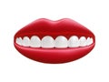 Realistic mouth with red lips and white teeth isolated on white background. Vector illustration