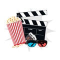 Vector movie icon, clapperboard, 3D glasses, tickets.