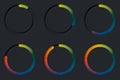 Realistic multicolored round toggle buttons on black background. 3d rendering.