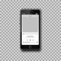 Realistic music Mp3 player on black smartphone with empty screen on transparent background.