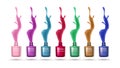 Realistic nail polishes. Colorful splashes, liquid drops. Isolated manicure equipment vector illustration