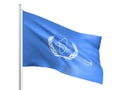 IAEA International Atomic Energy Agency flag waving on white background, close up, isolated. 3D render