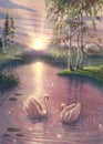 Realistic nature landscape illustration by oil painting on canvas, magical lake with swans over forest drawing art, sunset art Royalty Free Stock Photo