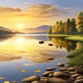 sunrise at lakeside, peaceful morning, serene waters