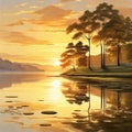 sunrise at lakeside, peaceful morning, serene waters