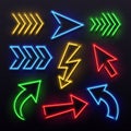 Realistic neon arrows. Night arrow sign lamp lights. Shining arrowhead signs and glowing directional pointers vector set